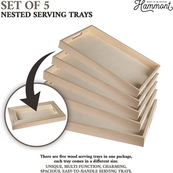 Wooden Nested Serving Trays - Five Piece Set of Rectangular Shape Wood Trays - Picture 5 of 6
